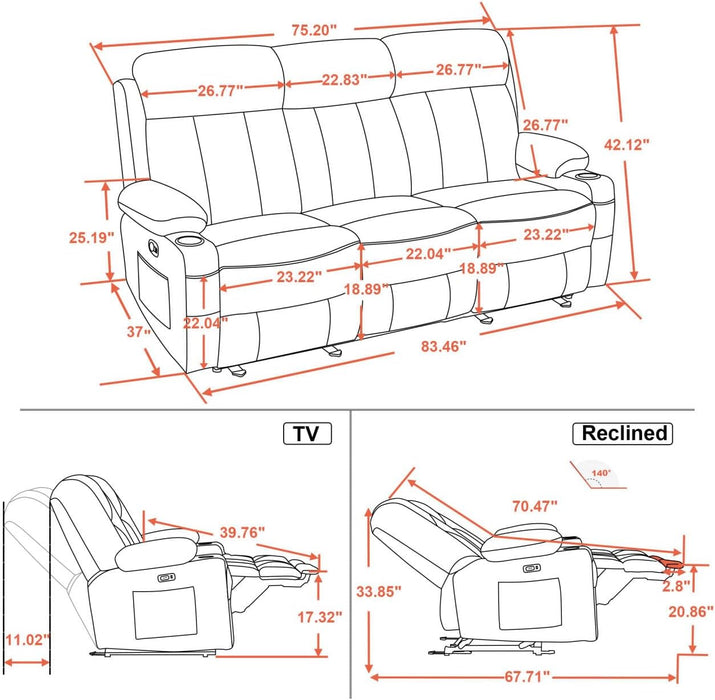 Power Reclining Sofa with Heat and Vibration,Usb Ports, Cup Holders,3-Seat Dual Recliner Sofa for Living Room 6077(Dark Brown, Reclining Sofa)