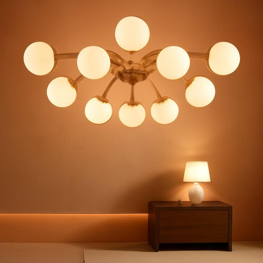 38.1 In. 12-Light Mid Century Modern Sputnik Chandelier Gold Semi Flush Mount Ceiling Light, Opal Glass Bubble and Blossom Accent Milk Glass Bubble Lighting Fixture for Dining Living Entry