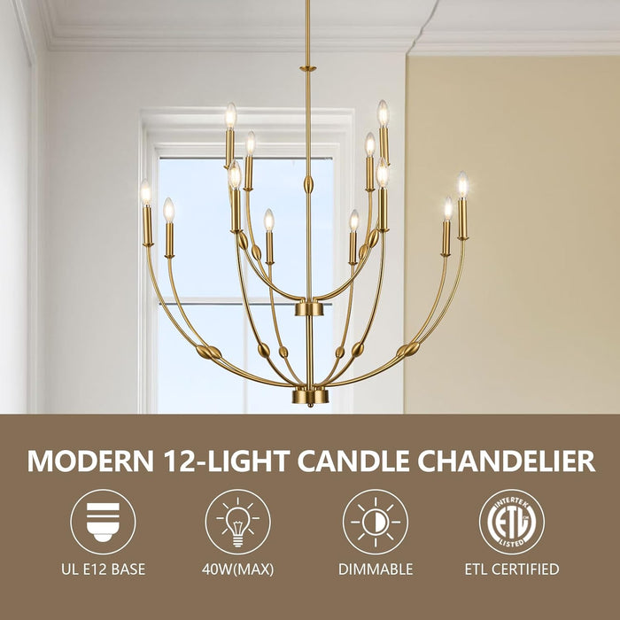 Magnificent Brushed Gold Chandelier 12 Light Fixture