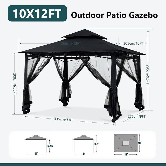 Outdoor Garden Gazebo for Patios with Stable Steel Frame and Netting Walls (10X12,Black)