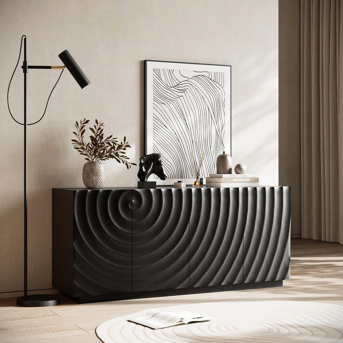 59" 4-Door Buffet Cabinet with Storage, Modern Accent Sideboard Buffet Table for Kitchen or Dining Room, Textured Ripple Front Freestanding Cabinet for Dishes & Decor, Black