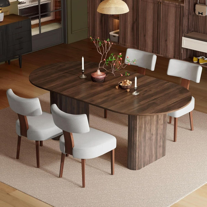 Modern Farmhouse Oval Dining Table Set for 4, 71 Inch Wood Grain Kitchen Table & Gray Upholstered Dining Chairs with Curved Back & Solid Wood Legs, Kitchen Living Room Furniture Set(Walnut)