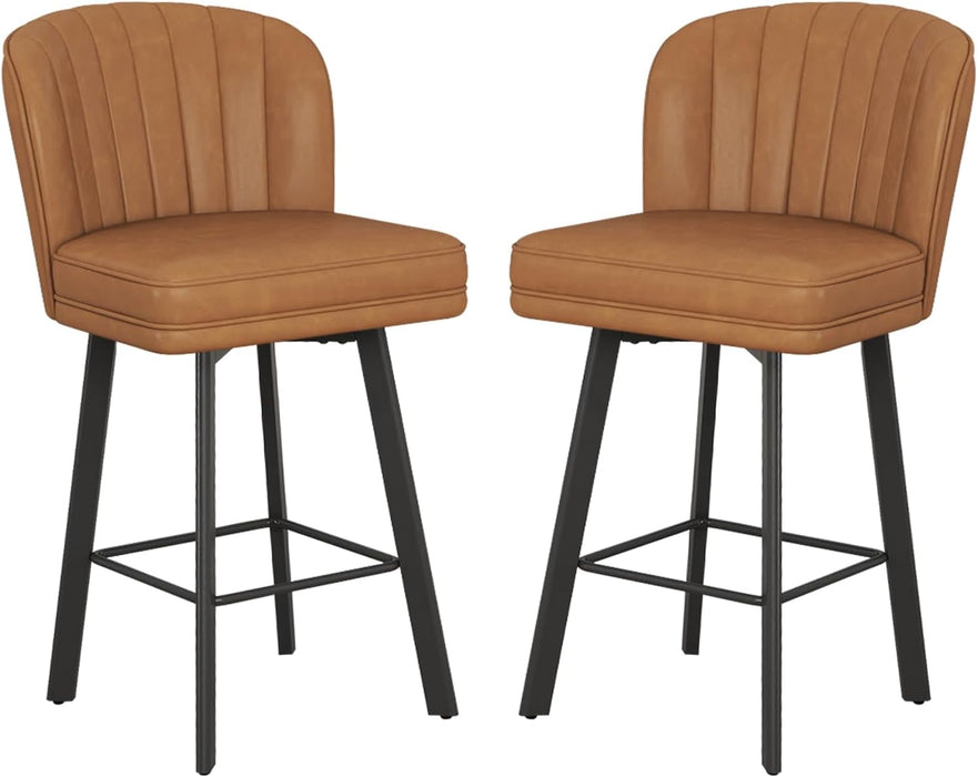 Swivel Counter Height Bar Stools Set of 2, 26'' Modern Barstools with Backs and Metal Legs, Upholstered Bar Chairs, Faux Leather Whiskey Brown Stools for Kitchen Island Chairs