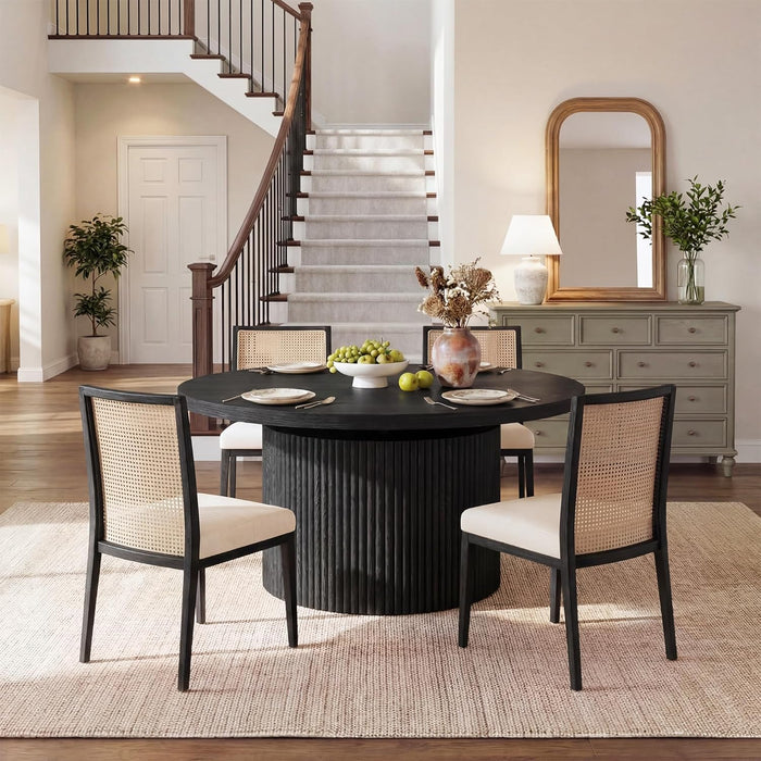 Extendable round Dining Table for 4-8, 39In-77In Long Large Kitchen Table with Fluted Base, Space Saving Modern Farmhouse Oval Dinner Tables for Dining Room, Kitchen, Living Room, Black
