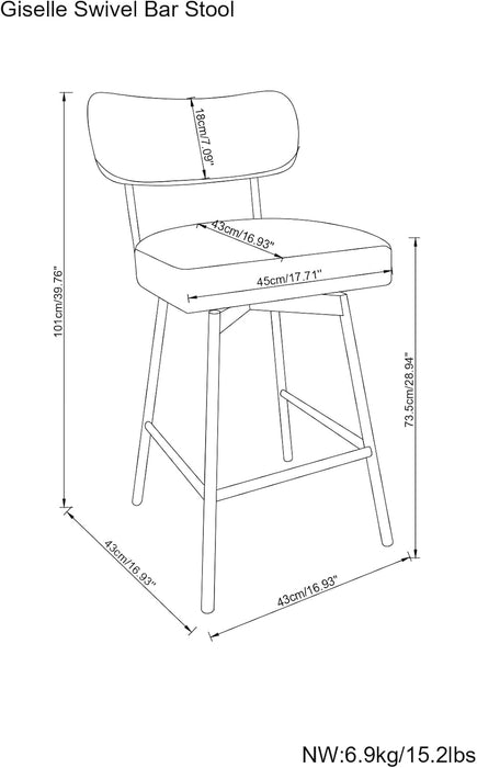 Giselle Swivel Bar Stools (Set of 2) - 29 Inch Seat Height Upholstered Metal Chairs in Light Grey Polyester Linen, Contemporary Seating for Kitchen or Bar with Cushioned Seat and Back