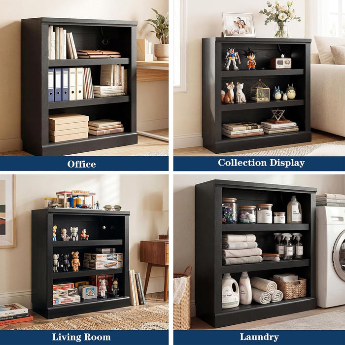 3-Tier Storage Bookcase with Adjustable Shelves, Modern Wood Storage Organizer Rack, Free Standing Decorative Display Shelf for Home Office, Living Room and Bedroom-Black