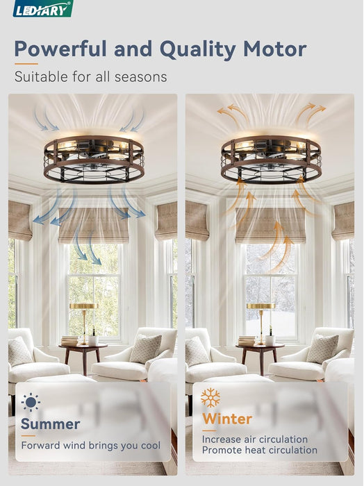 20" Caged Ceiling Fan with Light and Remote, Low Profile Flush Mount Fandelier, Walnut Bladeless Enclosed Small Fan Lights Ceiling Fixtures, Rustic Farmhouse Style for Bedroom, Outdoor