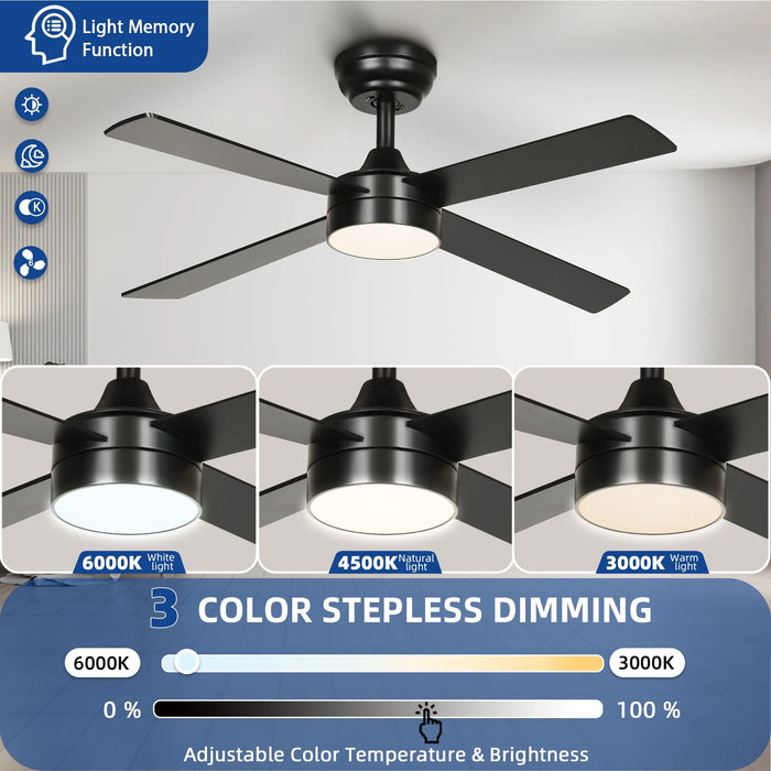 48In Black Ceiling Fans with Light and Remote Control /App Control, Modern Smart Ceiling Fan for Indoor Outdoor