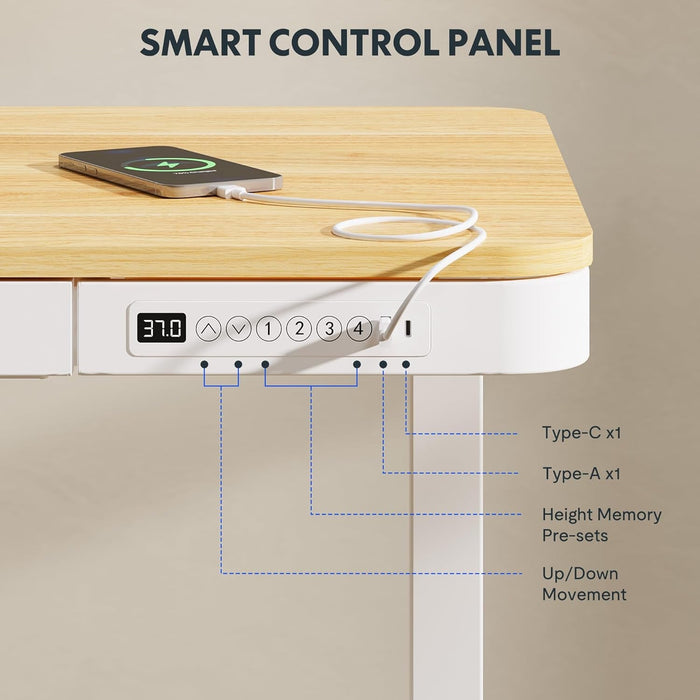 Comhar Electric Standing Desk with Drawers Charging USB Port, Height Adjustable 48" Whole-Piece Quick Install Home Office Computer Laptop Table with Storage (Maple Top + White Frame)