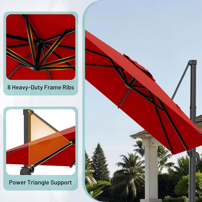 10 X 10FT Cantilever Patio Umbrella, 360-Degree Rotation Square Hanging Offset Umbrella with Crank, Heavy Duty Patio Umbrella for Patio, Pool, Garden, Deck, Red (Base Not Include)