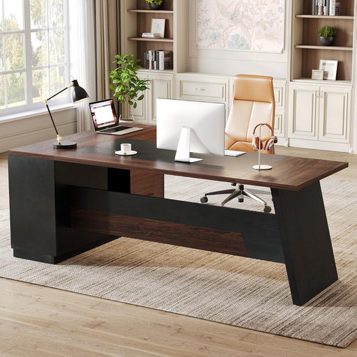 78-Inch Executive Office Desk with File Cabinet, Large Modern Corner Office Desk for Home Office, 3-Drawer Wood File Cabinet, Spacious Workstation for Home Office (Brown & Black)