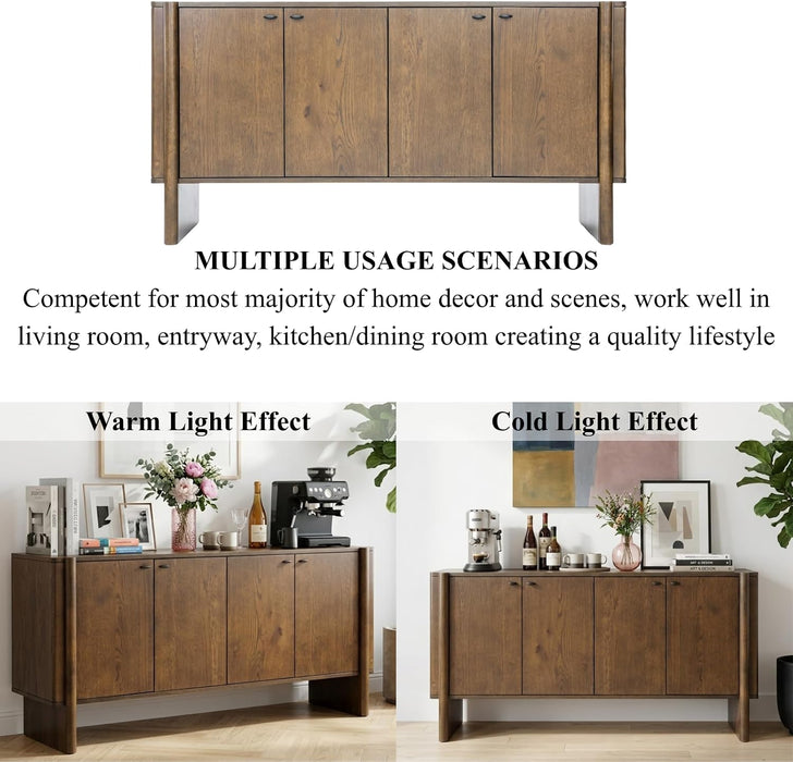 Brown Sideboard Buffet Cabinet, Modern Storage Accent Entryway Cabinet with 4 Doors, Farmhouse Wooden Buffet Media Console Credenza for Living Room/Kitchen/Hallway