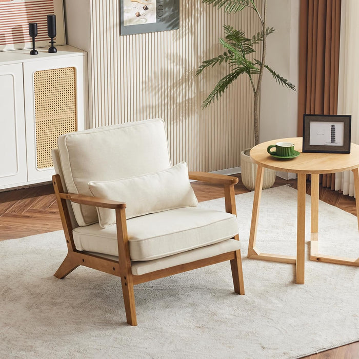 Solid Wood Wide Armrests Accent Chair,Upholstered Mid Century Modern Chair with Pillow,Comfy Reading Chair Farmhouse Arm Chair,Chairs Living Room,Bedroom,Guest Room,Linen Fabric,Beige