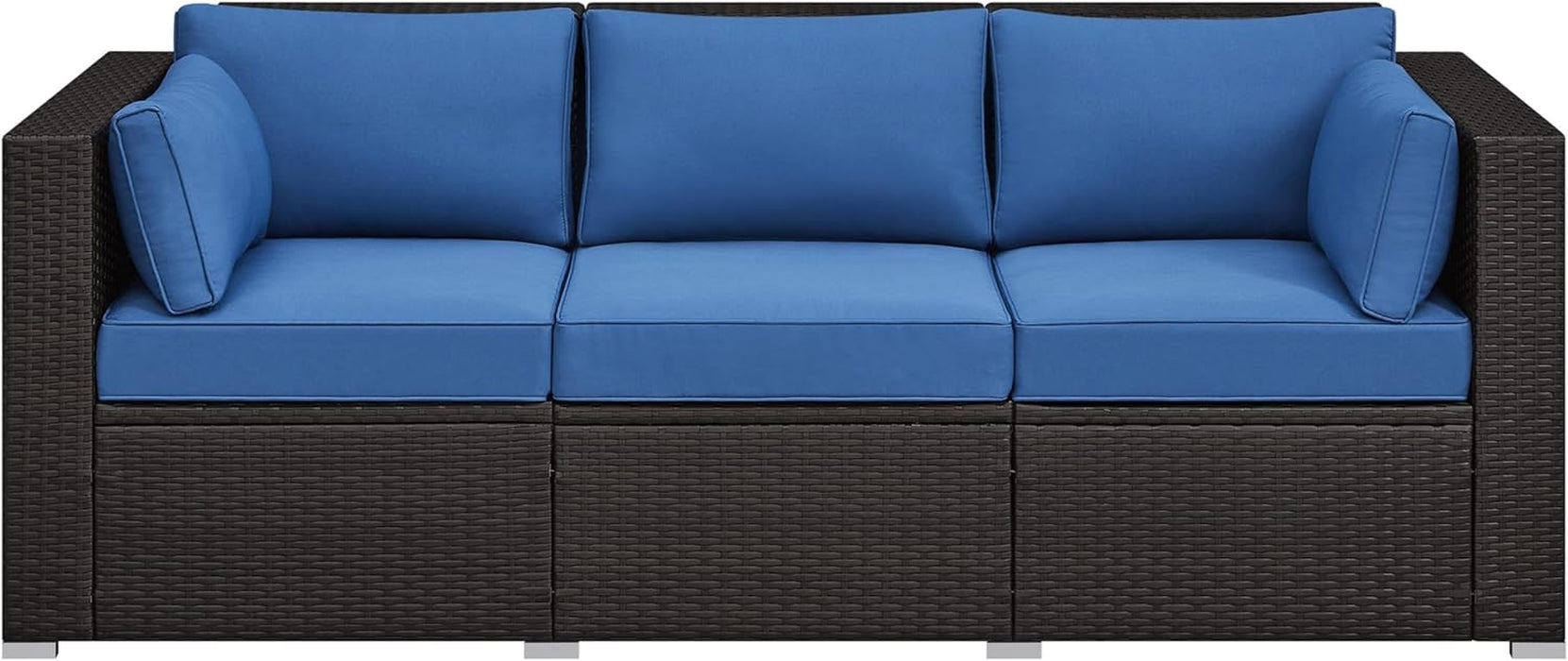 3-Seat Patio Wicker Sofa, Outdoor Rattan Couch with Furniture Cover, Deep Seat High Back with Cushions & Throw Pillows for Deck/Porch/Balcony/Yard, Brown/Dark Blue