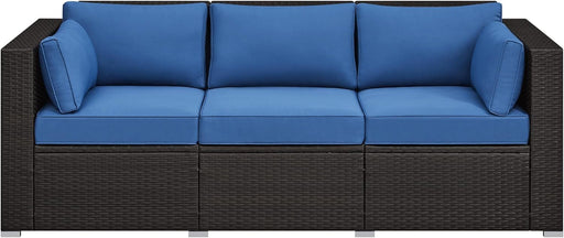 3-Seat Patio Wicker Sofa, Outdoor Rattan Couch with Furniture Cover, Deep Seat High Back with Cushions & Throw Pillows for Deck/Porch/Balcony/Yard, Brown/Dark Blue