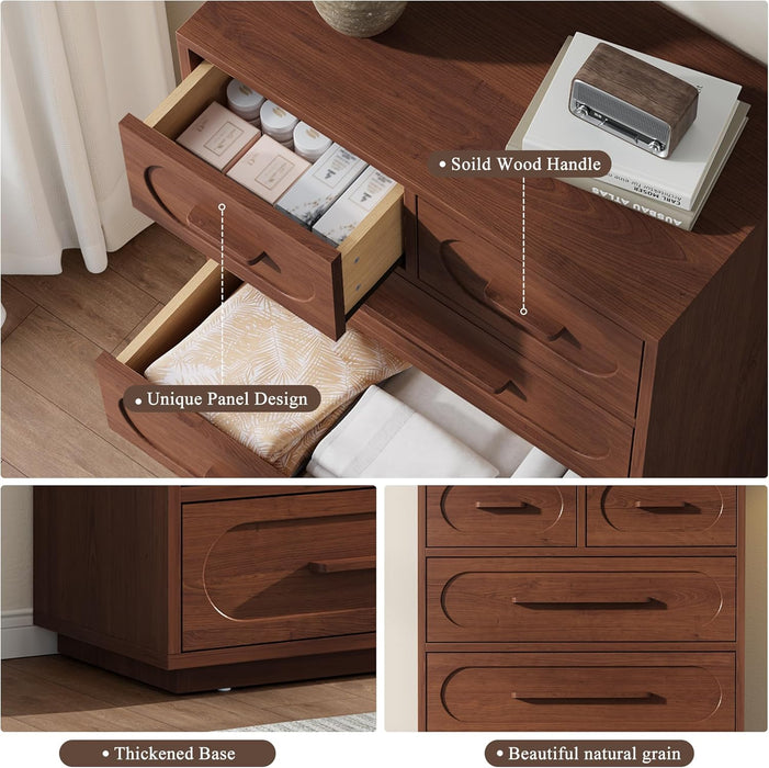 Walnut 6 Drawer Dresser for Bedroom, 44" Tall Dressers & Chest of Drawers W/Solid Wood Handle, Wood Mid Century Closet Organizers and Storage Cabinet for Bedroom, Living Room, Hallway, Walnut