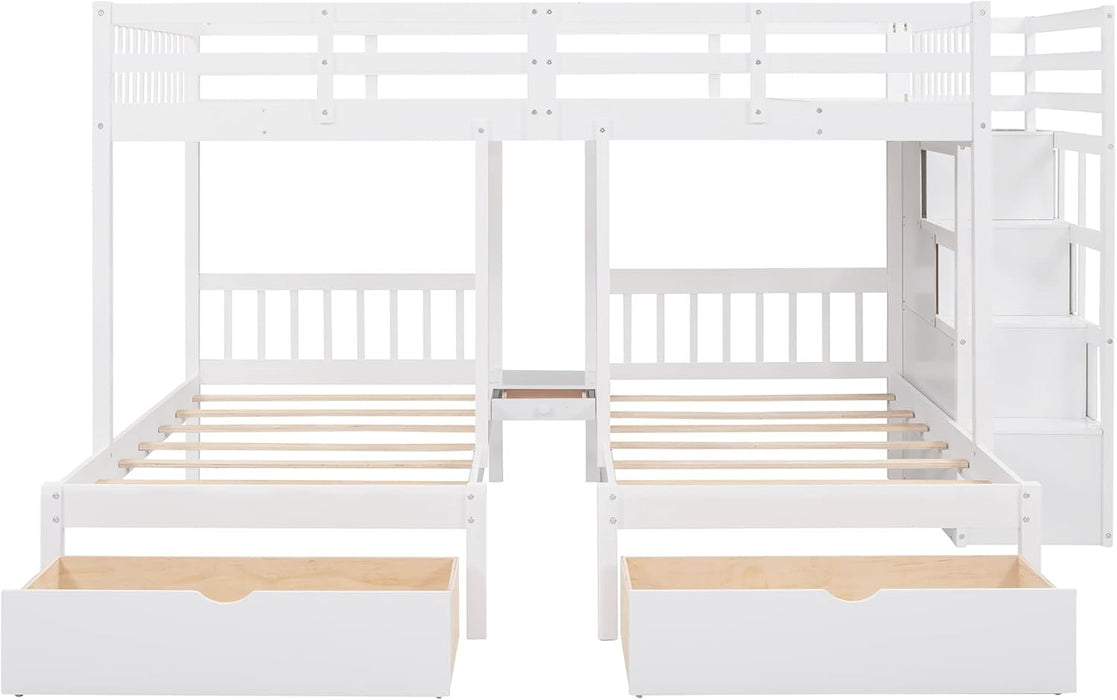 Triple Bunk Beds with Drawers, Wood Full over Twin & Twin Bunk Bed with Storage Staircase, Triple Bed for Kids,3 Bed Bunk Beds with Storage for Girls Boys,White