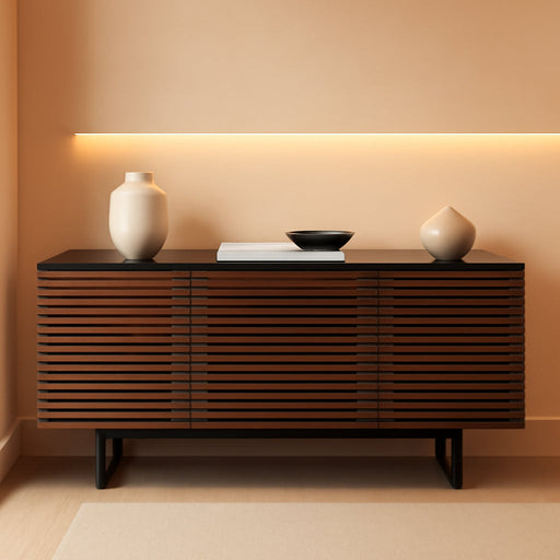 Corridor 8177-65'' TV Stand for Tvs up to 70" with Soundbar Shelf, Storage Drawer, Cable Management, Remote-Friendly Louver Doors, Satin-Etched Glass Top, Chocolate Stained Walnut