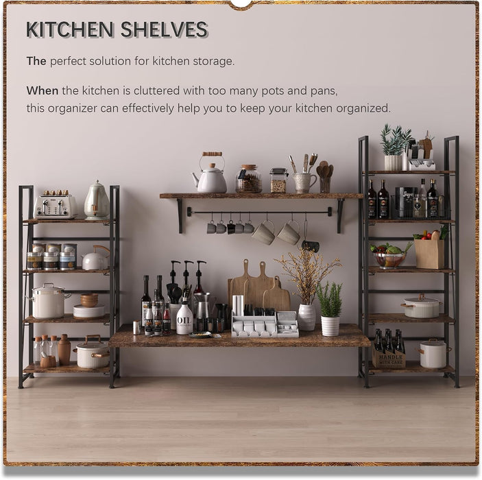 No Assembly Folding Bookshelf Storage Shelves 4 Tier Vintage Bookcase Standing Racks for Bedroom Living Room Home Office