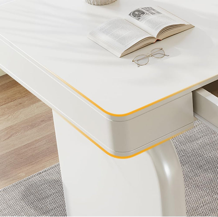 White Desk with Drawers, 63-Inch Modern Executive Office Desk, Glossy Elegant Work Study Writing Table for Home Office, Cream White