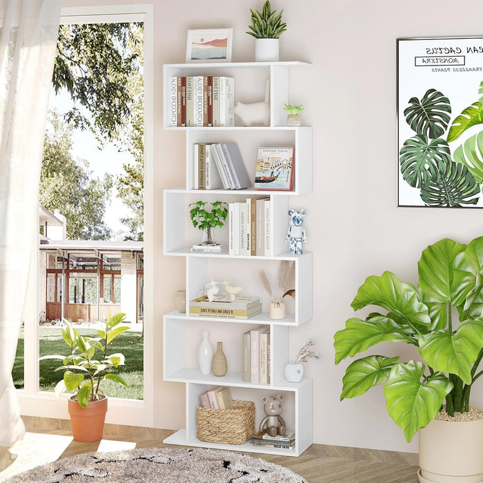 S Shaped Bookshelf, Modern Geometric Bookcase, 6-Tier White Display Case Book Shelf