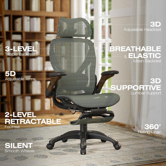 X100 Ergonomic Mesh Office Chair with Footrest, Big and Tall Home Desk Chair with 5D Flip-Up Arms, Adjustable 3D Lumbar Support, Gaming & Executive Computer Chair (Forest Ranger)