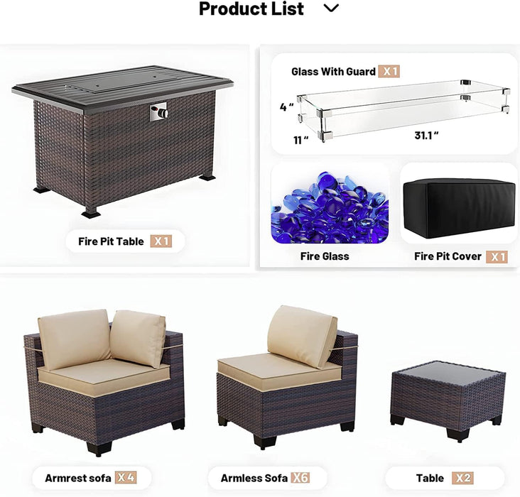 13PCS Outdoor Patio Furniture Set with 43" 55000BTU Gas Propane Fire Pit Table PE Wicker Rattan Sectional Sofa Patio Conversation Sets,Khaki