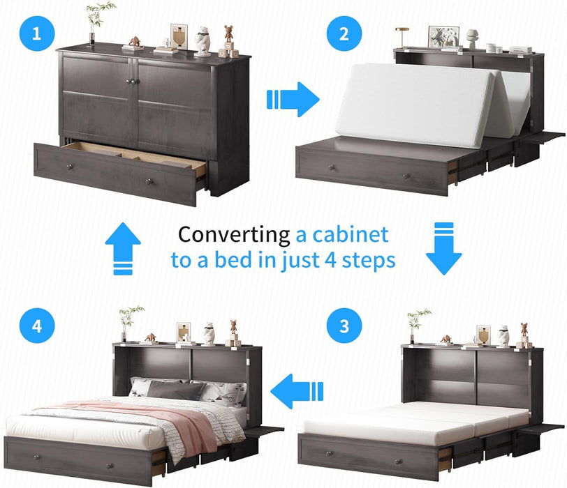 Queen Murphy Bed Cabinet SolidWood Mattress Included