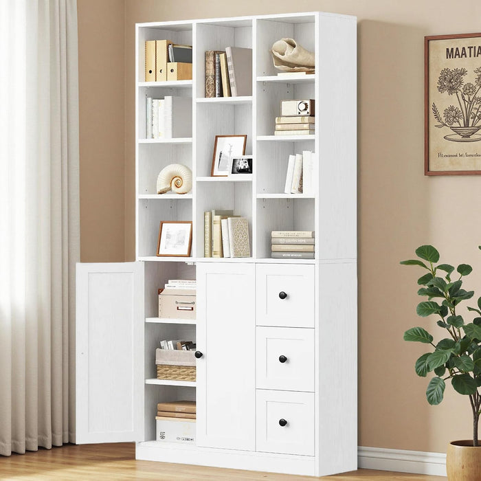 Bookshelf with 2 Doors and 3 Drawers, 71" Storage Bookcase, White