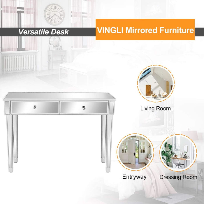 42" Silver Mirrored Vanity Desk, Makeup Table with 2 Drawers, Mirrored Console Table, Mirror Desk with Drawers, Mirror Console Tables for Women Girls Entryway Home Office Writing Desk