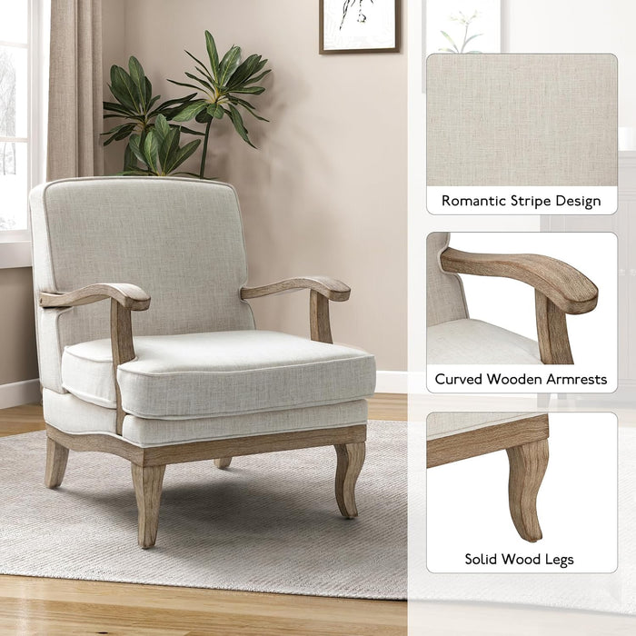 Ivory Upholstered Mid-Century Armchair With Wooden Legs
