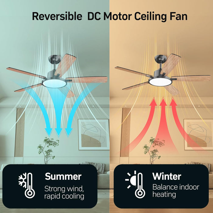 52 Inch Black Ceiling Fans with Lights Led Remote Control Flush Mount Low Profile for Bedroom Living Dining Room Outdoor Farmhouse Patio,Reversible,Dc Motor,Diammable,Buzzer On/Off,5 Blades