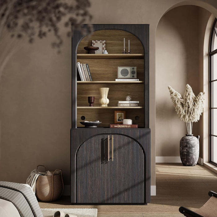 72" Tall Arched Storage Cabinet with Hutch, Bookcase with Open Shelves