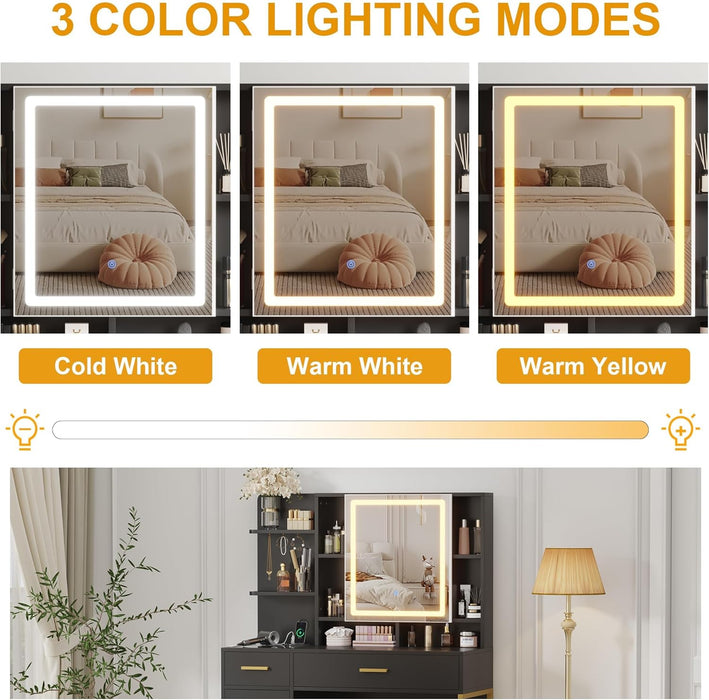 Vanity Desk with Mirror and Lights, 42.5" Makeup Vanity Set with Stool, Makeup Table with Mirror Cabinet and Chair, Drawers & Shelves, Dressing Table with Outlet for Bedroom, Black