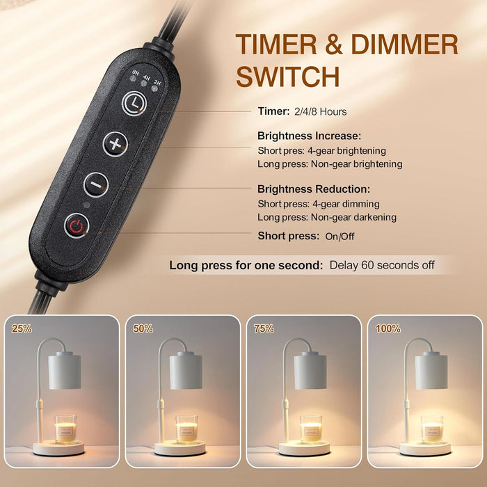 Candle Warmer Lamp with Timer & Dimmer, Height Adjustable Electric Wax Melt Warmer for Jar Candles, Gifts for Mom Home Decor, White