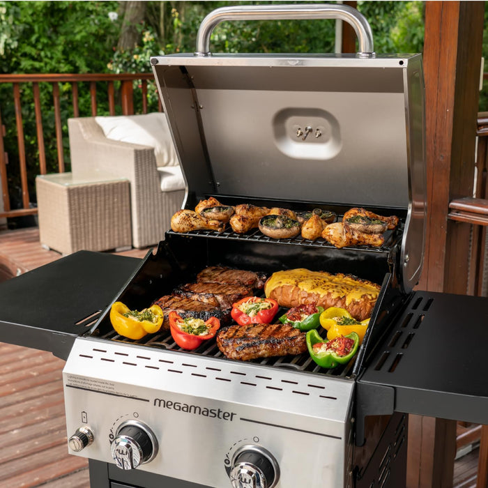 Deluxe 2-Burner Gas Grill with Foldable Side Tables, 418 SQ in Cooking Space, 28000 Btus, Stainless Steel Lid, Propane BBQ Grill for Outdoor Cooking, Patios, Backyards and More - 720-0864MA