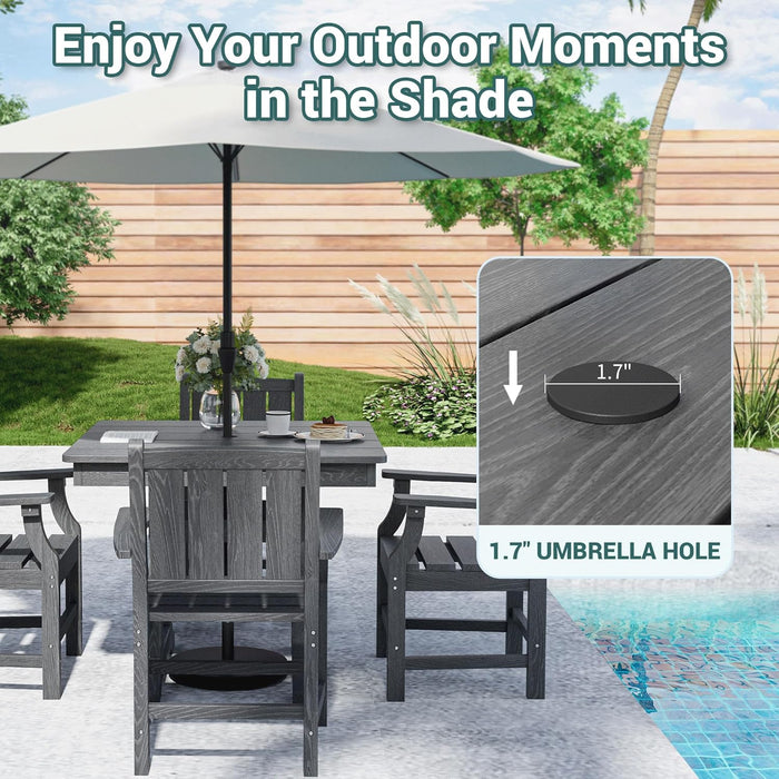5 PCS Outdoor Dining Set, Spacious HDPE Outdoor Table and Chairs, Wood Grain Patio Furniture Sets with Elegant Armrest, All-Weather Patio Dining Table with Umbrella Hole, Gray