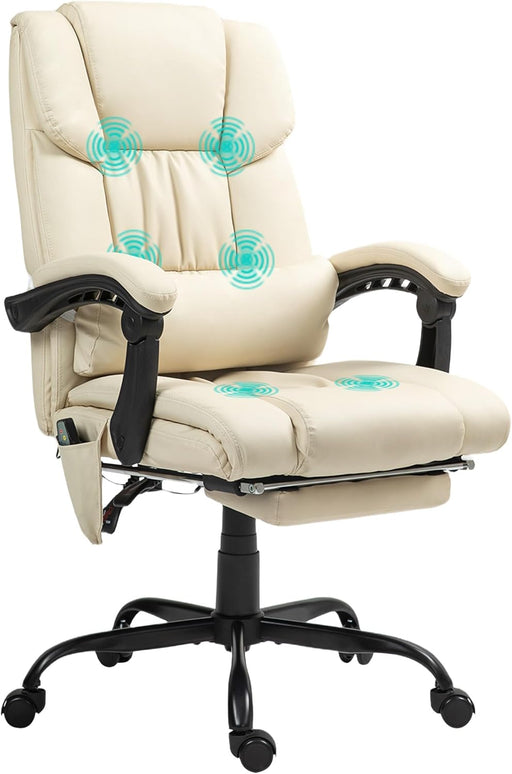 High Back Massage Office Chair with 6 Vibration Points, PU Leather Reclining Computer Chair, Ergonomic Desk Chair with Footrest Adjustable Height and Remote, Beige