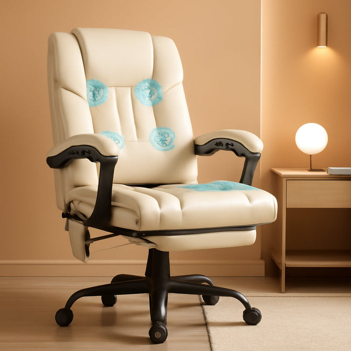High Back Massage Office Chair with 6 Vibration Points, PU Leather Reclining Computer Chair, Ergonomic Desk Chair with Footrest Adjustable Height and Remote, Beige