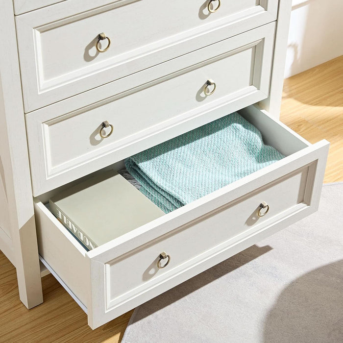 48" H Tall Dresser for Bedroom, Farmhouse 5 Drawer Dressers, Wood Chest of Drawers with 1.2" Thickened Top, Antique White