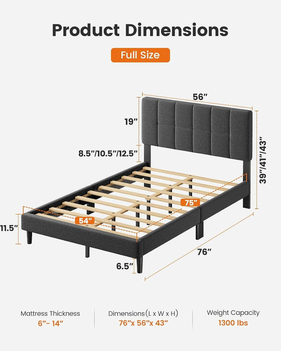 Full Bed Frame Upholstered Platform Full Size Bed Frame with Adjustable Headboard,1300 Lbs Strong Weight Capacity, Fully Upholstered Mattress Foundation,No Box Spring Needed, Easy Assembly
