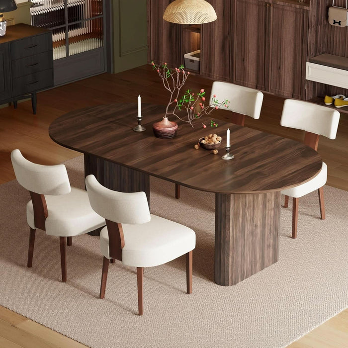 Modern Farmhouse Oval Dining Table Set for 4, 71 Inch Wood Grain Kitchen Table & Beige Upholstered Dining Chairs with Curved Back & Solid Wood Legs, Kitchen Living Room Furniture Set(Walnut)
