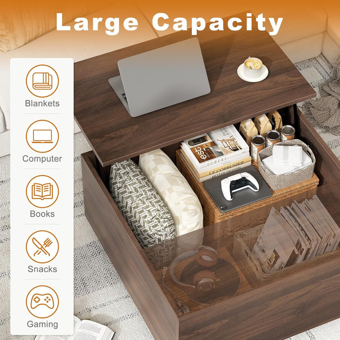 Lift Top Coffee Table, Wood Square Coffee Table with Storage, Farmhouse Coffee Tables with Hidden Storage Compartment, Center Table with Lifting Tabletop for Living Room, Home Office, Walnut