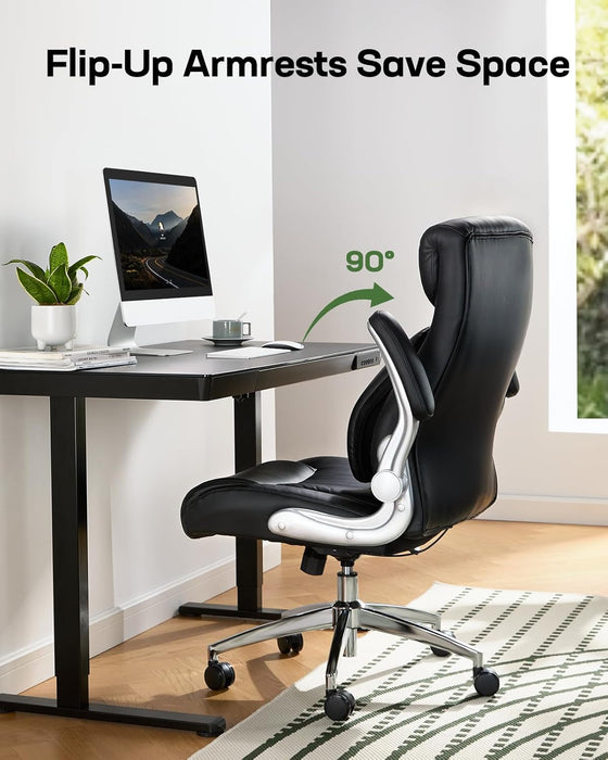 Comfortable-Office Chair with Dynamic-Lumbar Support: High Back PU Leather Executive Office Chair with Flip-Up Arms Tilt Function, Ergonomic Executive Desk Chair for Home Office Work, Black