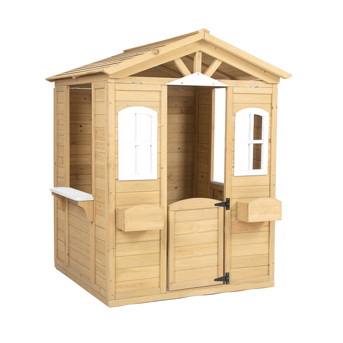 Wooden Kids Playhouse, Outdoor Playhouse with Working Door & Flowers Pot Holder, Oak