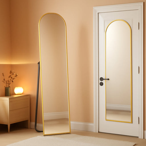 57X16 Door Hanging Full Length Mirror, Floor Stand (Height 5.7Ft Just Body In1.3Ft) / Wall Mounted Metal Frame Arch Dressing Mirrors for Bedroom Living Room 57 Inch Gold