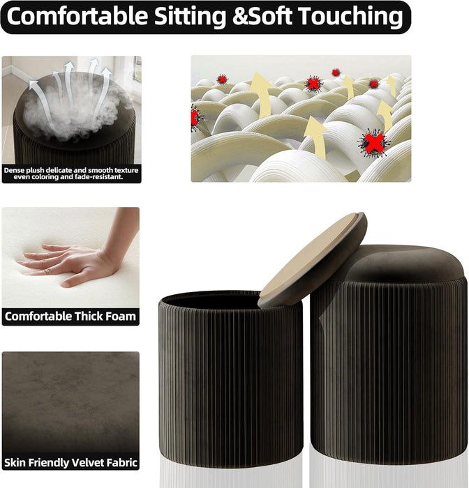 round Ottoman with Storage Set of 2, Upholstered Velvet Storage Ottoman, Vanity Stool for Makeup, Foot Rest for Living Room, Bedroom, Black
