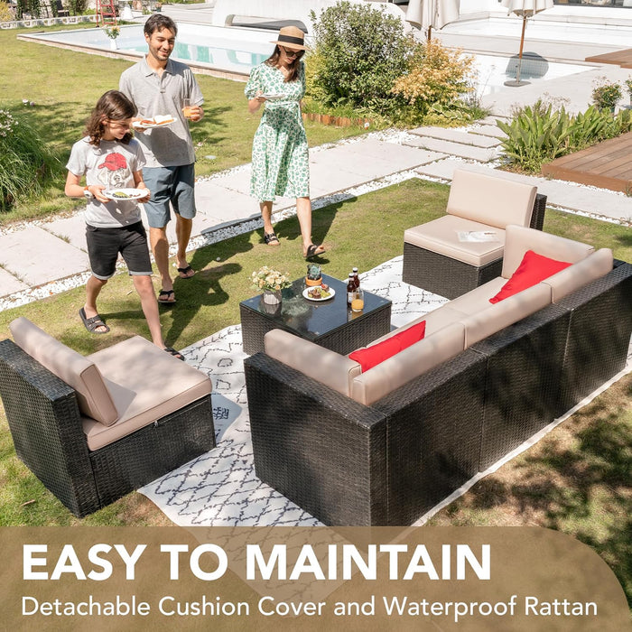 Patio Furniture Sets 6 Pieces Outdoor Sectional Rattan Sofa Manual Weaving Wicker Patio Conversation Set with Glass Table and Cushion (Beige)