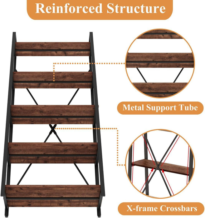 Ladder Shelf Bookcase, 5-Tier Industrial Ladder Bookshelf, Tall Living Room Shelves, Wood and Metal Leaning Shelf for Home Office, Kitchen, Bedroom, Balcony (Rustic Oak)