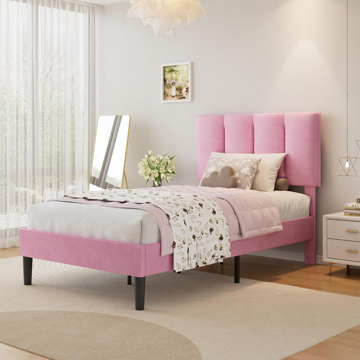 Twin Size Bed Frame with Upholstered Headboard, Velvet & Pink